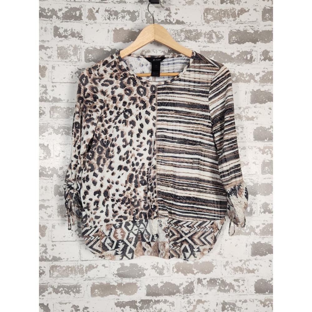 Ali Miles Shirt‎ Womens Medium Petite White Cheetah Stripe Tribal Flowy